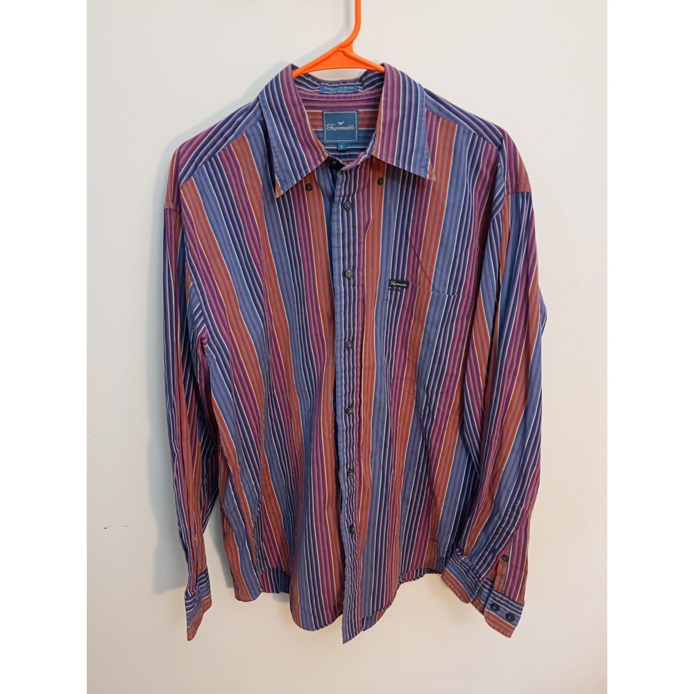 Faconnable Mens Large Cotton Striped Button Down Shirt Purple Blue Orange France